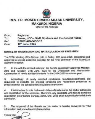 BSU notice on orientation/matriculation of freshmen, 2024/2025