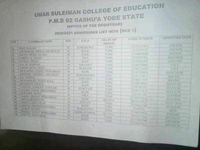 Umar Suleiman College of Education, GashuaNCE admisison list, 2020/2021