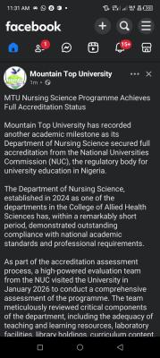 Mountain Top University gets NUC full accreditation status for Nursing Programme