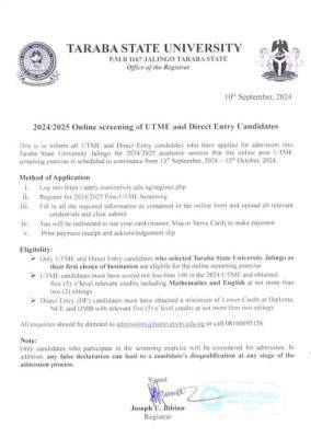 TASU Post-UTME/DE 2024: Cut-off mark, Eligibility and Registration Details