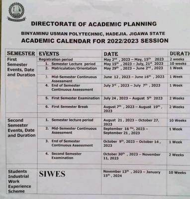 BUPOLY releases academic calendar for 2022/2023 session