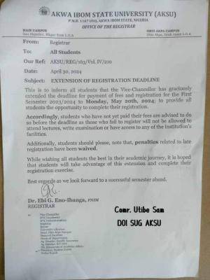 AKSU extends payment of fees and registration deadline, 2023/2024