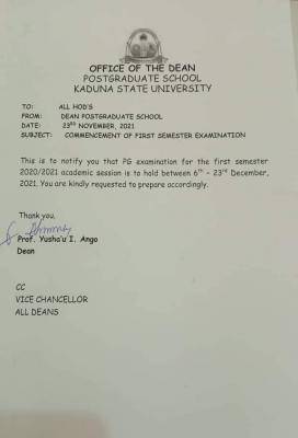 KASU notice on commencement of postgraduate 1st semester exam, 2020/2021
