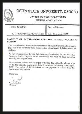 UNIOSUN notice to students on payment of outstanding fees, 2021/2022