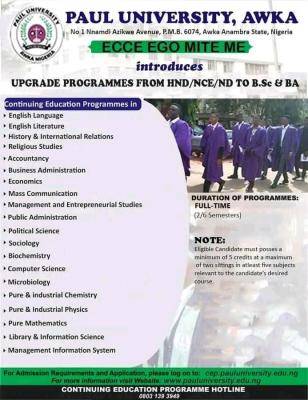 Paul University notice on upgrading of HND/NCE/ND to B.Sc and BA
