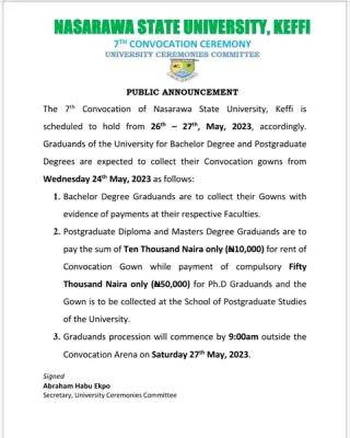 NSUK important notice on 7th Convocation Ceremony