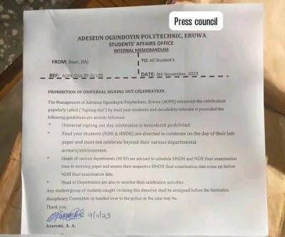 Adesuen Ogundoyin Poly notice on prohibition of signing out celebration