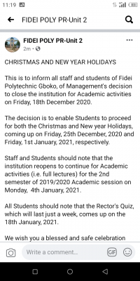 Fidei Polytechnic closes for Christmas and New year holidays