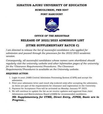 IAUE supplementary (Batch C) UTME Admission List, 2022/2023