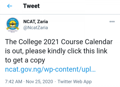 NCAT Zaria 2021 Course Calendar