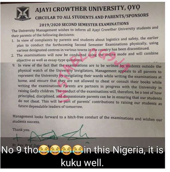 Ajayi Crowther University beg Parents to Invigilate their Kids During Online Exams to Prevent Cheating