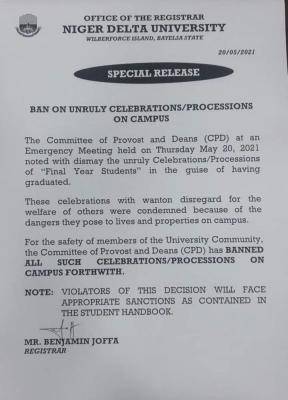 NDU notice on ban of unruly celebration on campus