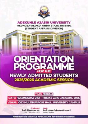 AAUA orientation programme for newly admitted students, 2025/2026 academic session
