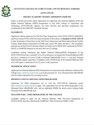 OYSCATECH Post-UTME 2026: Cut-off mark, Eligibility and Registration Details