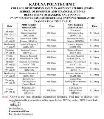 KADPOLY adjusted exam timetable for 1st/3rd semester, 2021/2022 (Regular and Evening)