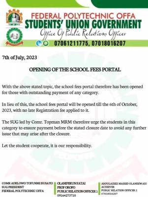 Federal Polytechnic, Offa SUG notice on opening of school fees portal