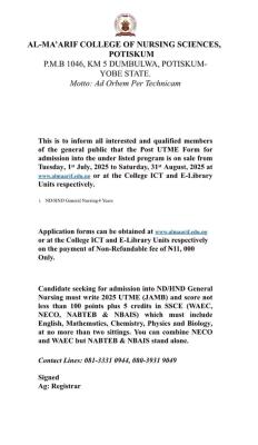 Al-Ma'arif College of Nursing Sciences ND/HND Nursing Admission, 2025/2026
