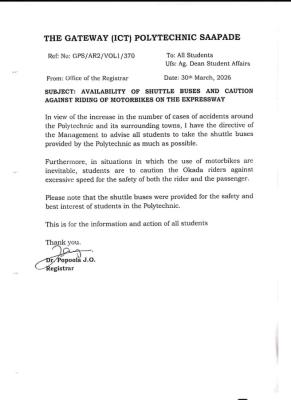 GAPOSA notice to students on availability of shuttle buses, warns against the use of Motorbikes