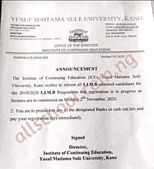 Yusuf Maitama Sule University resumption notice to IJMB students