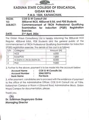 Kaduna State COE, Gidan Waya notice on commencement of TRCN PQEI Registration