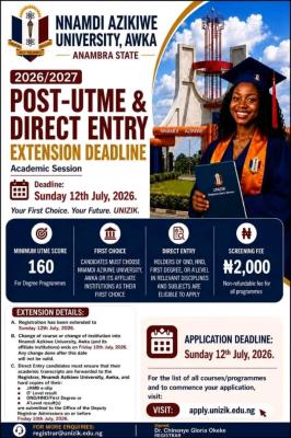 UNIZIK extends Post-UTME Registration deadline, 2026/2027