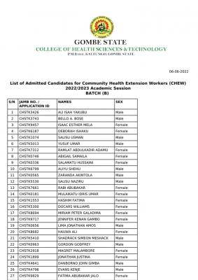 Gombe College of Health Tech. Kaltungo 2nd batch admission list, 2022/2023