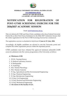 FUDUTSIN-MA Post-UTME/DE 2026: Cut-off mark, Eligibility and Registration Details