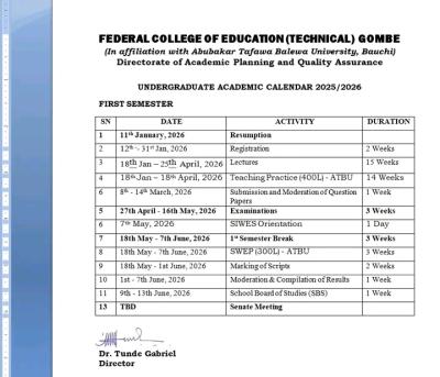 Federal College of Education, Gombe Academic Calendar, 2025/2026
