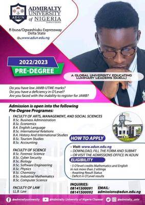 Admiralty University Pre-degree Admission Form, 2022/2023