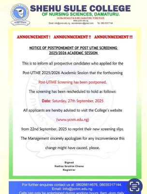 Shehu Sule College of Nursing Sciences postpones Post UTME screening exercise, 2025/2026