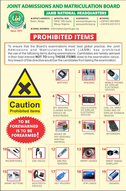 JAMB's list of prohibited items in the exam hall and instructions on biometric verification