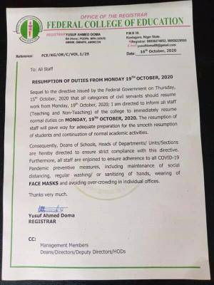 Federal College of Education Kontagora issues resumption notice to staff
