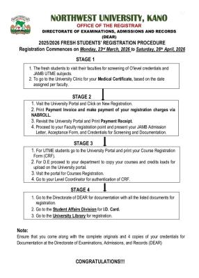 Northwest University, Kano registration procedure for fresh students, 2025/2026