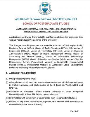 ATBU Postgraduate Admission Form 2024/2025 is out