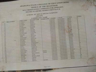 Adamawa State COE 1st Batch NCE Admission List 2021/2022