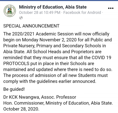 Abia State announces resumption of schools