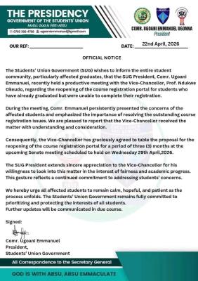 ABSU SUG issues update on course registration for affected graduates