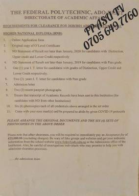 Fed Poly Ado-Ekiti HND clearance requirements for 2020/2021 admission
