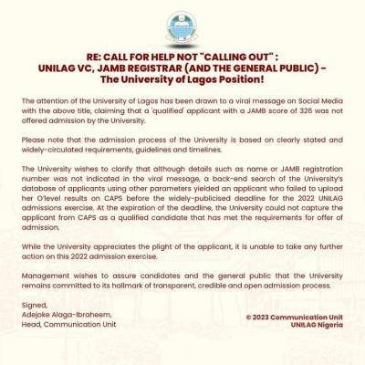 UNILAG explains why the schools didn’t admit applicant with 326 JAMB score