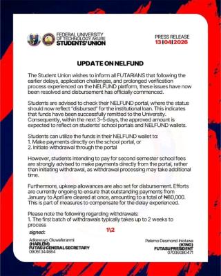 FUTA SUG gives pudate on NELFUND Challenges