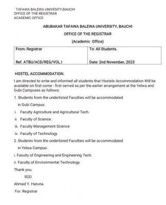 ATBU notice on mode of arrangement for hostel accommodation in Gubi and Yelwa Campus