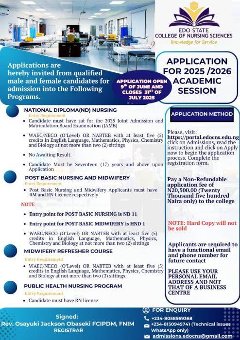 Edo State College of Nursing Sciences admission form, 2025/2026