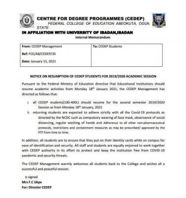 FCE Abeokuta Degree resumption notice