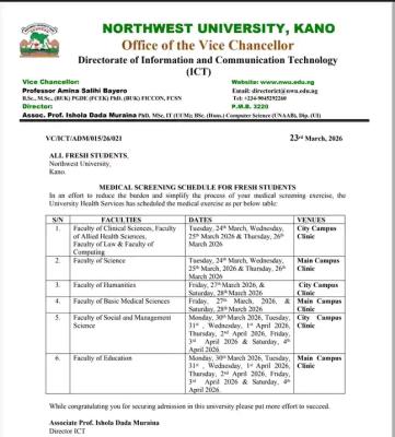 Northwest University Schedules Medical Screening exercise for Freshmen, 2025/2026