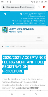 EBSU acceptance fee payment and new students registration procedure, 2020/2021