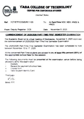 YABATECH announces commencement of part time first semester exam, 2025/2026