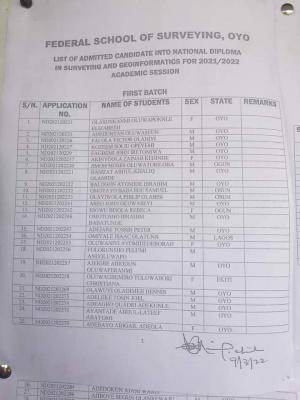 Federal School of Surveying Oyo ND Admission List, 2021/2022