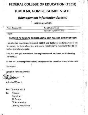 FCET Gombe notice on closure of registration