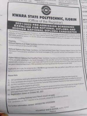 Kwara State Poly Post-UTME 2021: Cut-off mark, Eligibility and Registration Details