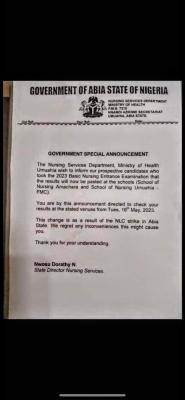Abia State Ministry of Health releases entrance exam results into State Nursing Schools